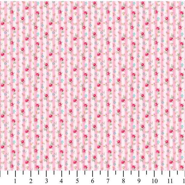 Pink Floral Stripe Cotton Fabric, 1 Yard Precut