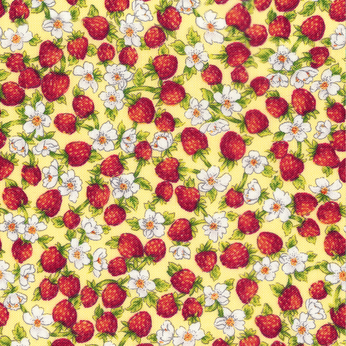 Strawberries Yellow Cotton Fabric, 1 Yard Precut