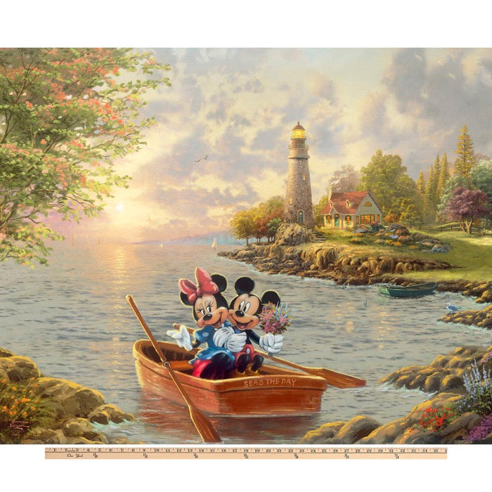 Mickey Mouse Minnie Mouse Lighthouse Boating Disney by Thomas Kinkade Licensed by David Textiles Digital Print Cotton Fabric Panel