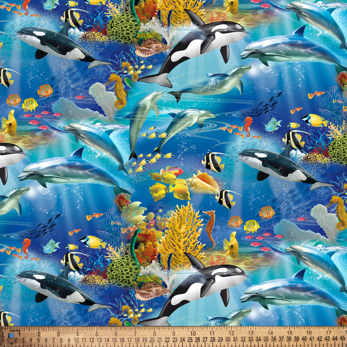 Fish Dolphins Whales Marine Life Digital Cotton Print Fabric