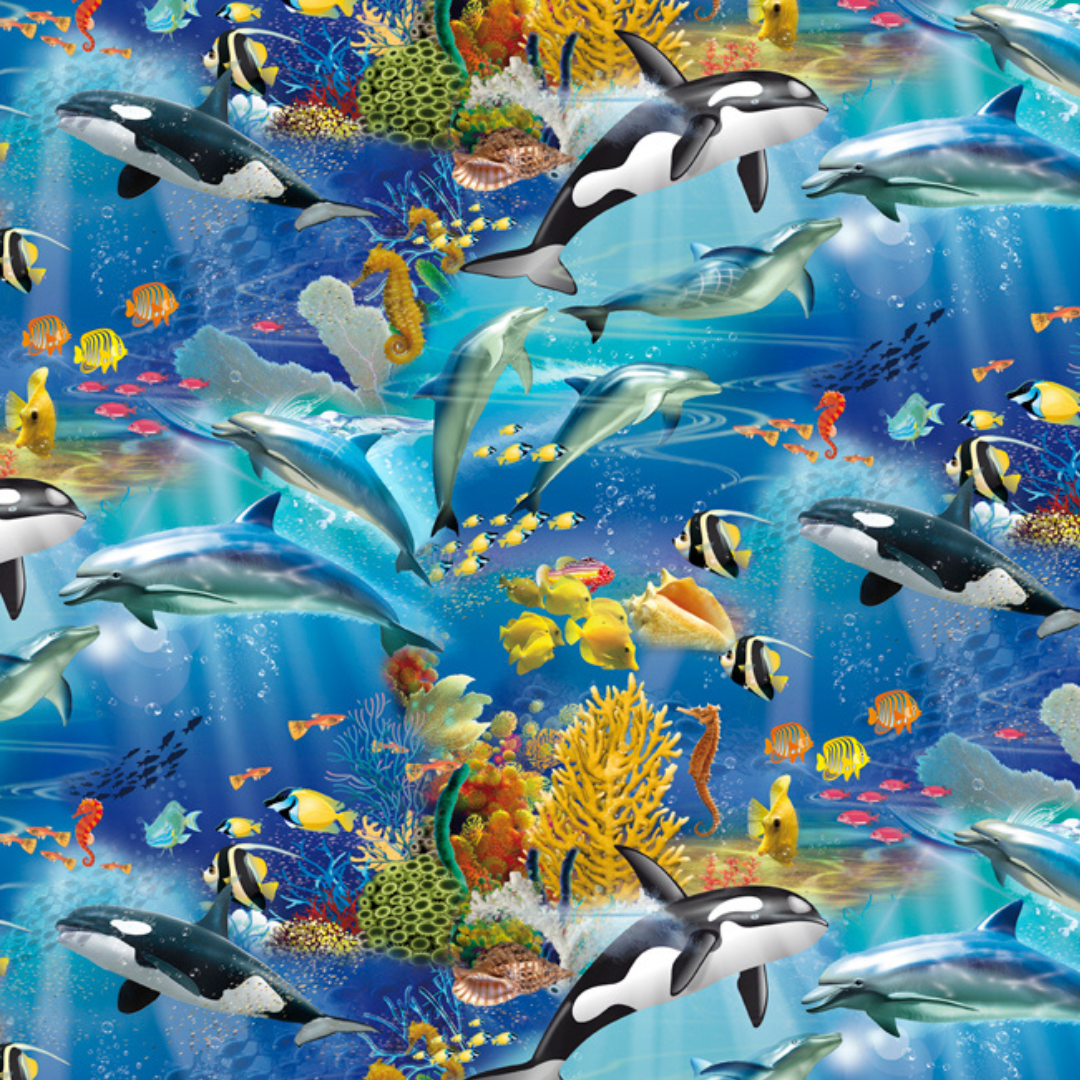 Fish Dolphins Whales Marine Life Digital Cotton Print Fabric