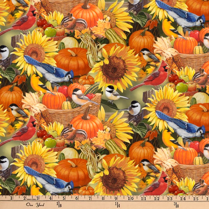 Birds Pumpkins Digital Cotton Print Fabric