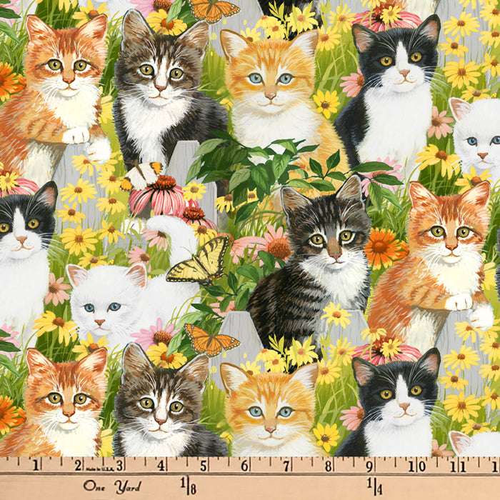Cats Daisies Digital Cotton Fabric