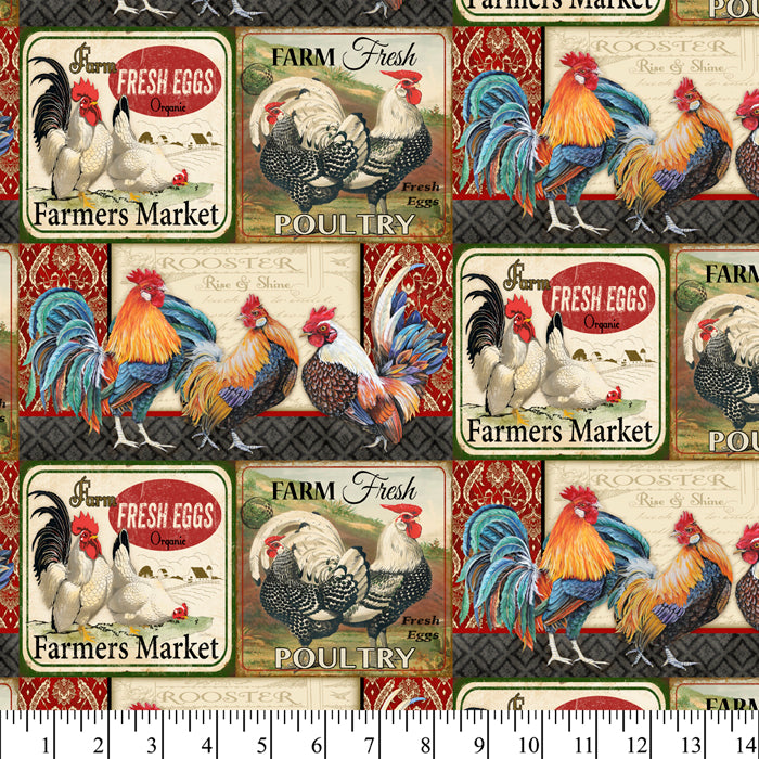 Farmers Roosters Cotton Fabric