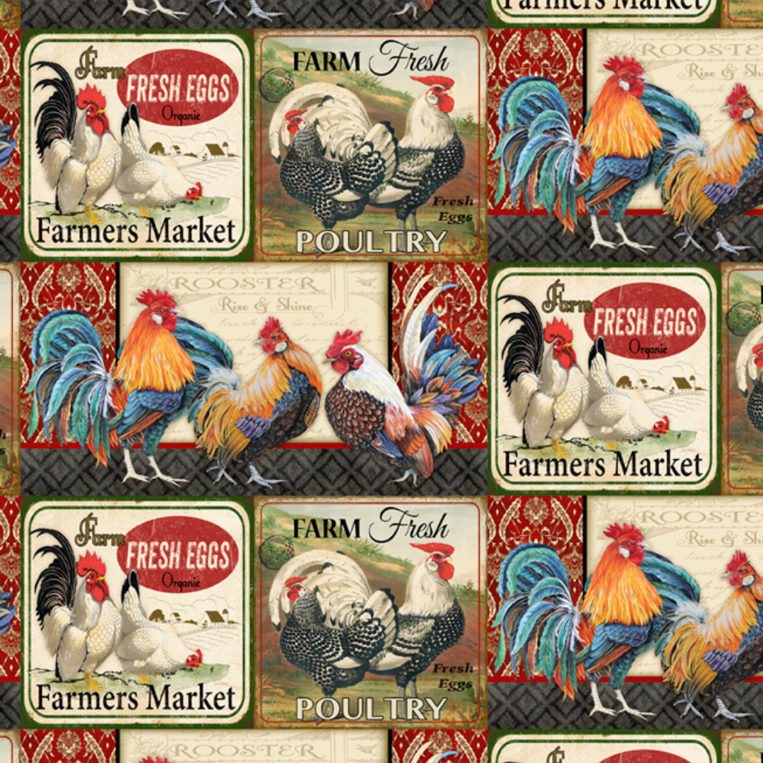 Farmers Roosters Cotton Fabric