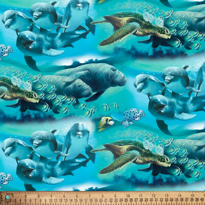 Dolphins Sea Turtles Ocean Friends Digital Cotton Print Fabric