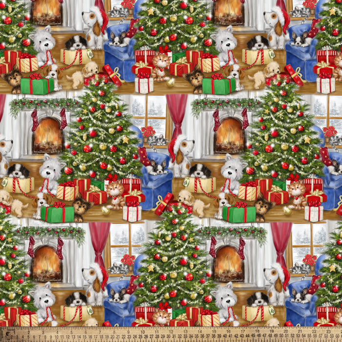 Pets On Christmas Morning Digital Cotton Print Fabric