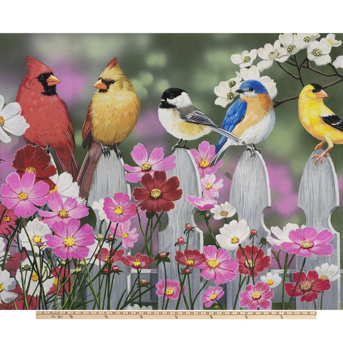 Songbirds Garden Digital Cotton Print Fabric Panel