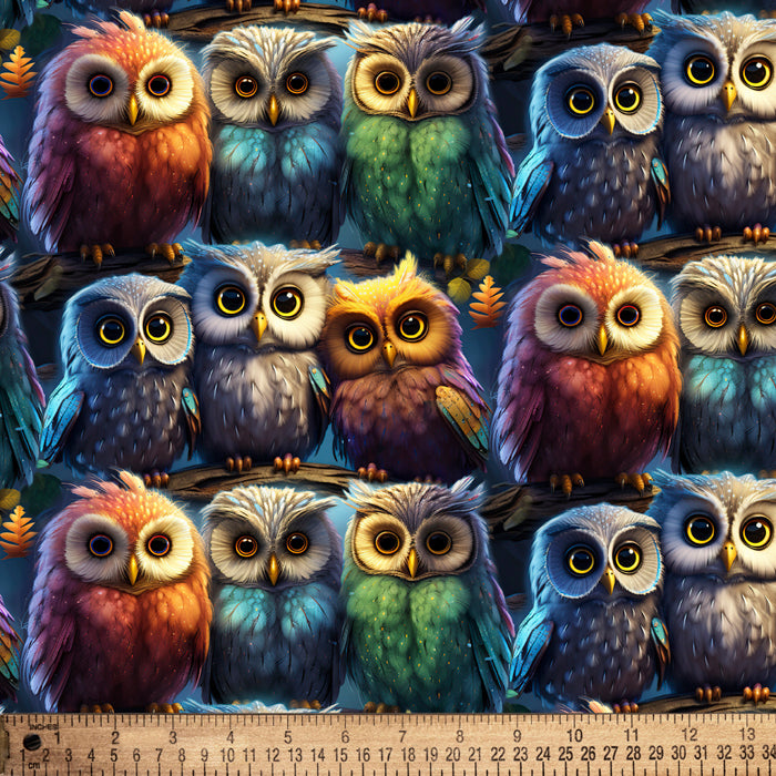 Owls Colorful Birds Digital Cotton Print Fabric