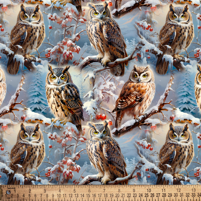 Owls Winter Snow Digital Cotton Print Fabric