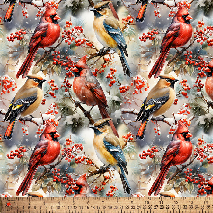 Birds Berries Snow Digital Cotton Print Fabric