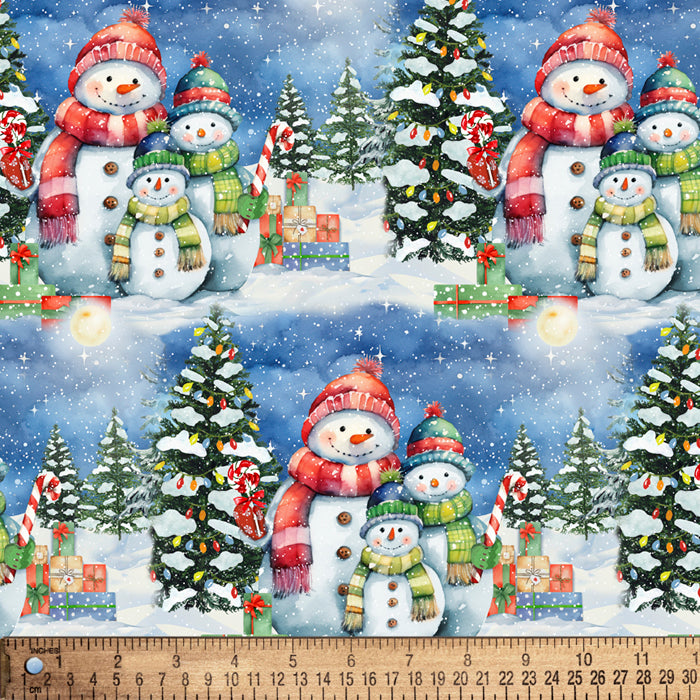 Christmas Snowman Family Digital Cotton Print Fabric