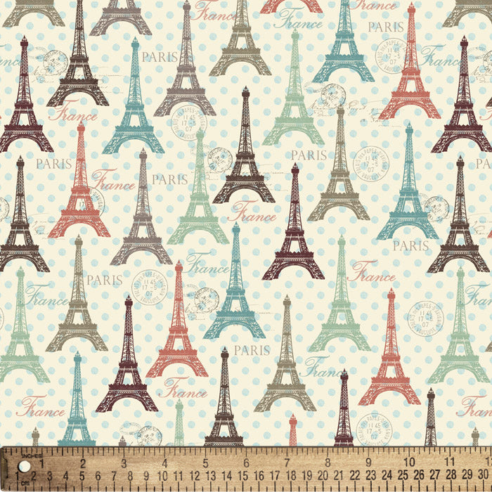 French Eiffel Tower Cotton Fabric, 1 Yard Precut
