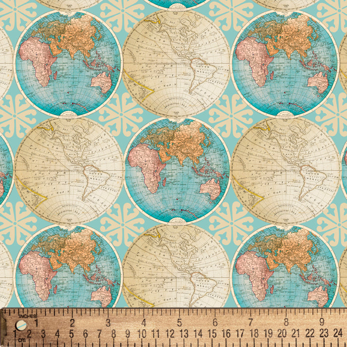 Vintage World Globes Cotton Fabric, 1 Yard Precut