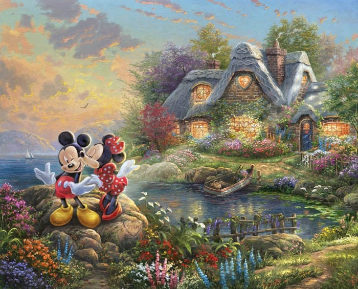 Minnie & Mickey Cottage Disney By Thomas Kinkade Digital Cotton Fabric Panel