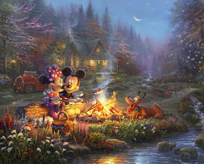 Mickey Minnie Campfire Disney By Thomas Kinkade Digital Cotton Print Fabric Panel