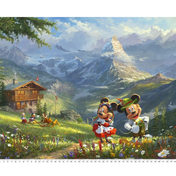 Mickey Minnie Travel The Alps Disney by Thomas Kinkade licensed by David Textiles Digital Cotton Print Fabric Panel