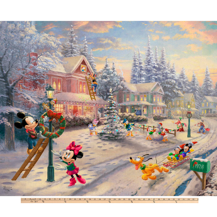 Mickey Minnie Neighborhood Christmas Disney by Thomas Kinkade licensed by David Textiles Digital Cotton Print Fabric Panel