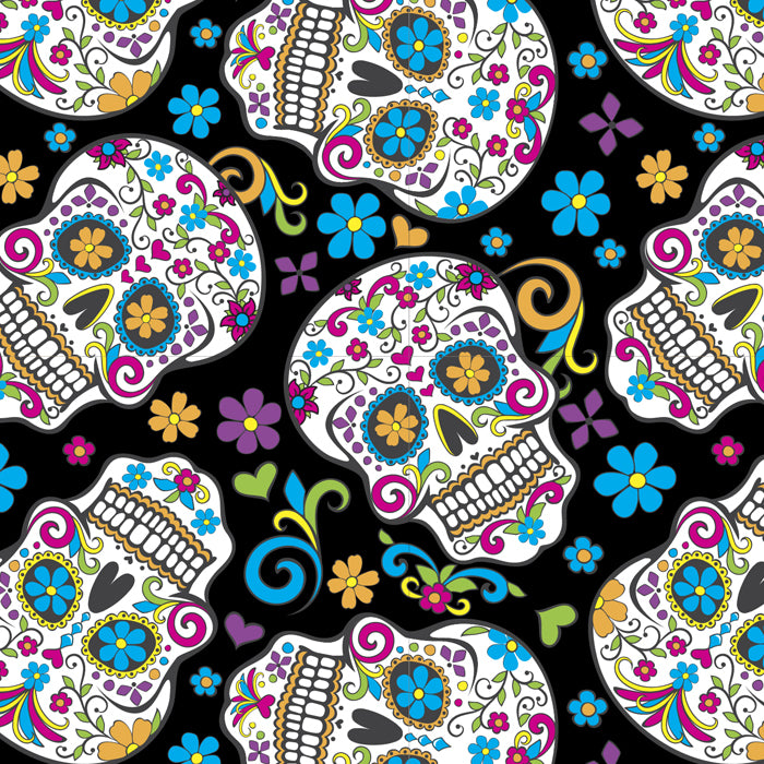Folkloric Sugar Skulls Black Cotton Fabric