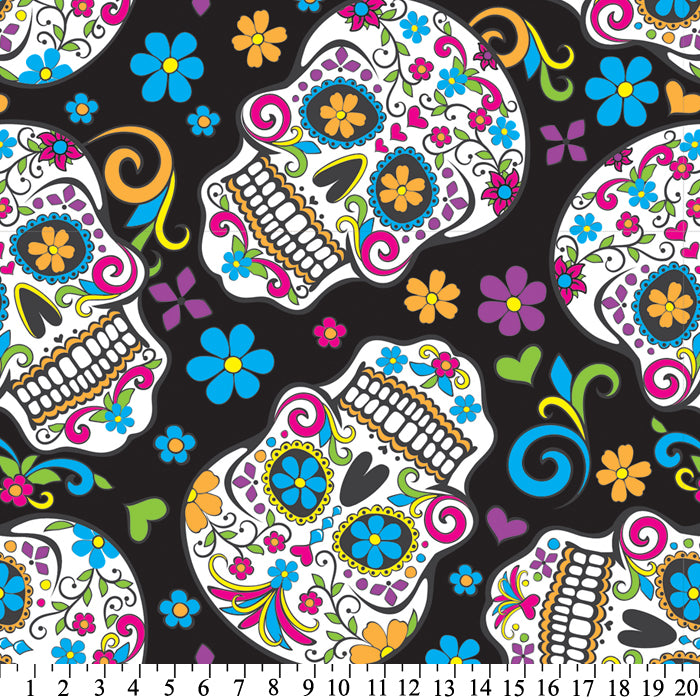 Folkloric Skulls Black Cotton Fabric Fat Quarter