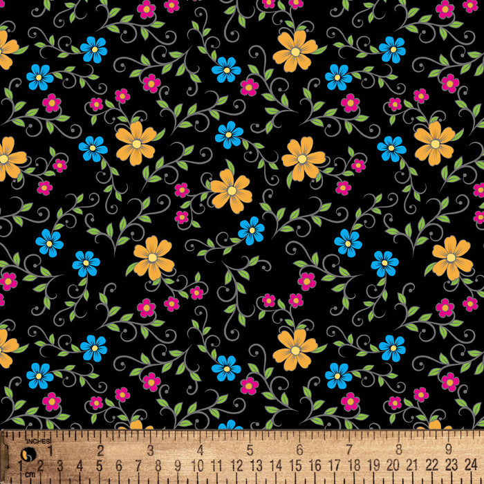 Folk Floral Black Cotton Fabric