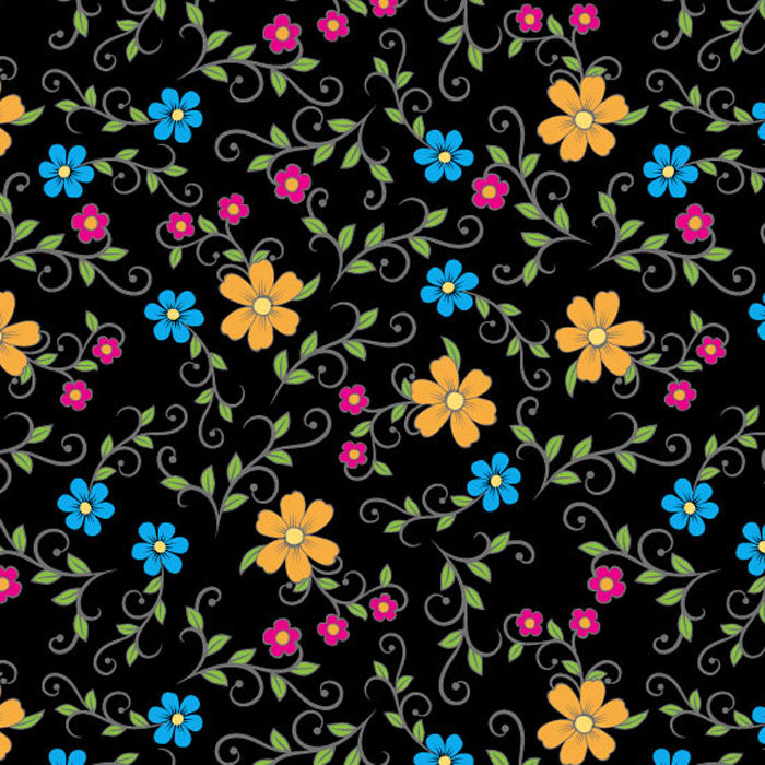 Folk Floral Black Cotton Fabric