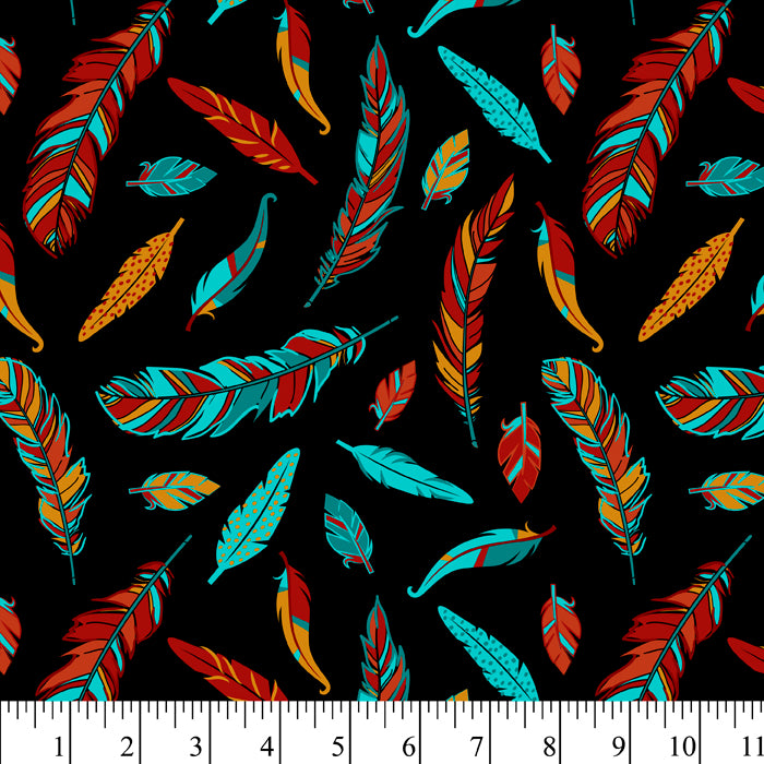 Whimsy Feathers Black Cotton Fabric, 1 Yard Precut