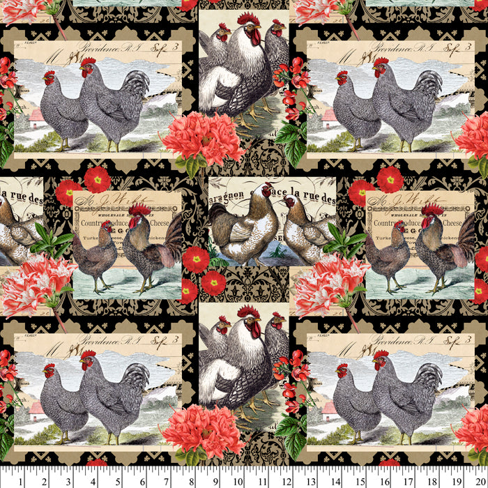 Farm Roosters Cotton Fabric, 1 Yard Precut