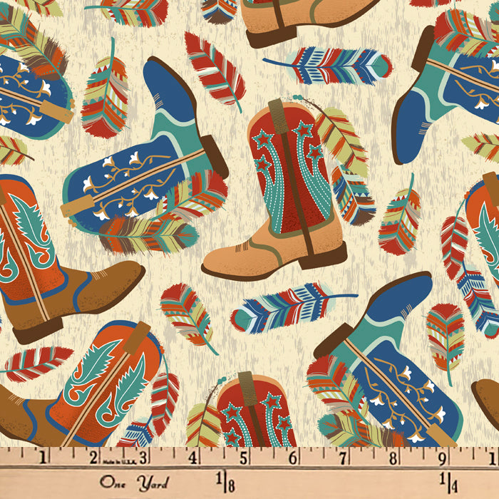 Cowboy Boots Feathers Cotton Fabric, 1-Yard PRECUTS