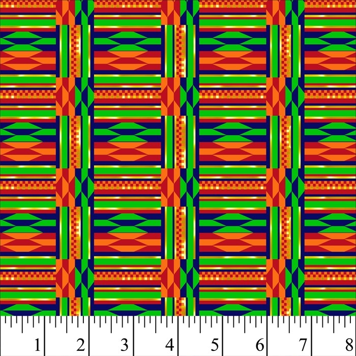 African Kente Green With Gold Metallic Cream Cotton Fabric
