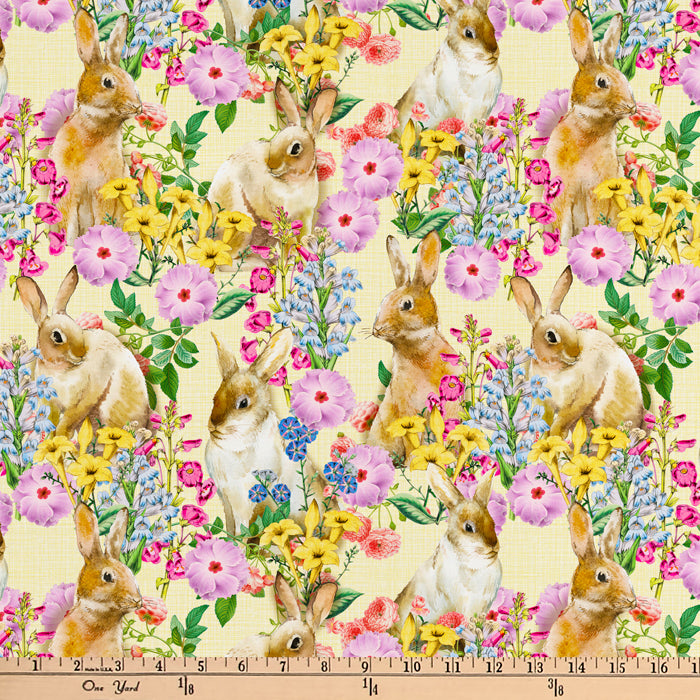 Easter Bunny Flowers Digital Cotton Print Fabric