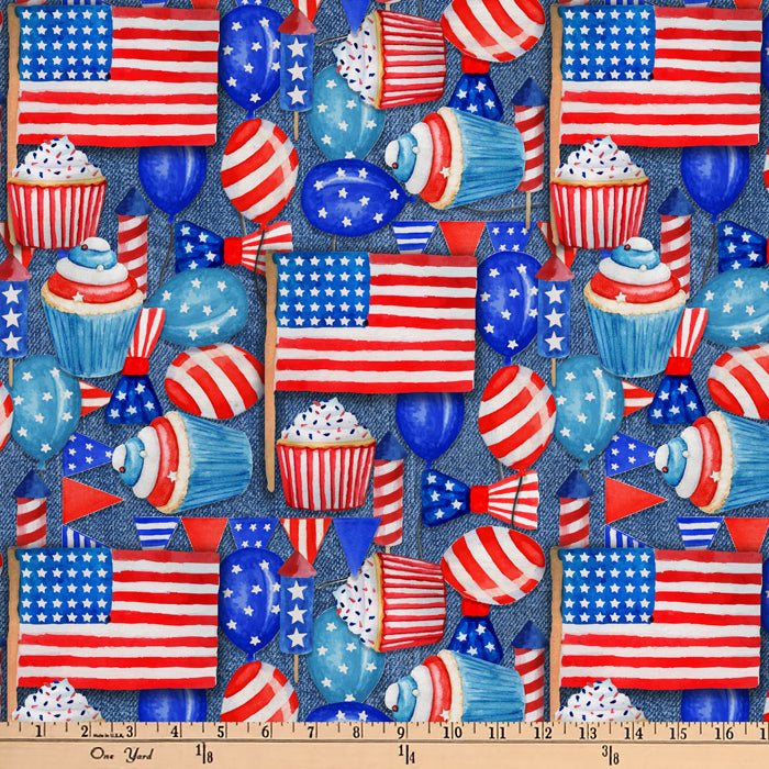 Fourth of July Flags Digital Cotton Print Fabric