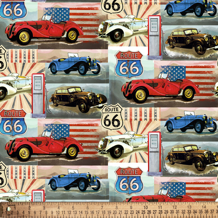 Cars Vintage American Route 66 Digital Cotton Print Fabric