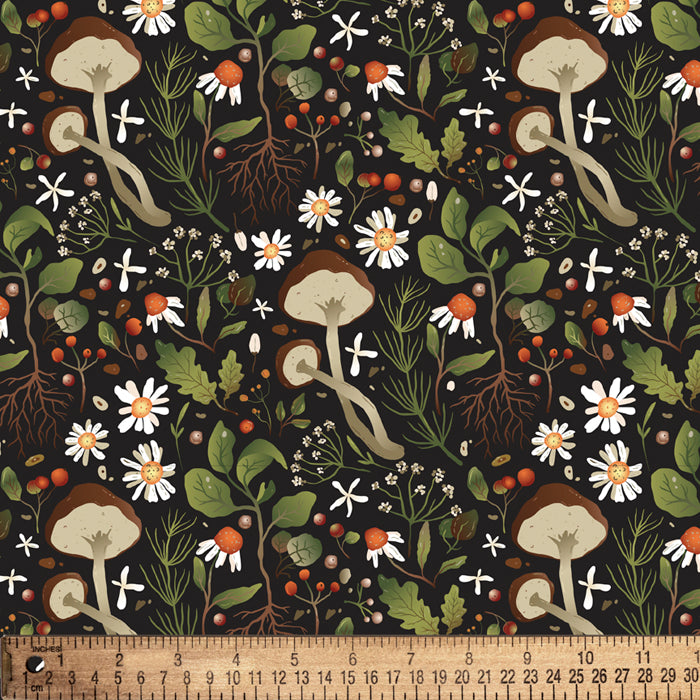 Mushrooms and Daisies Earth Illustration Cotton Fabric