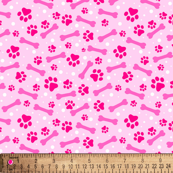 Pets Paw Prints and Dog Bones Pink Cotton Fabric