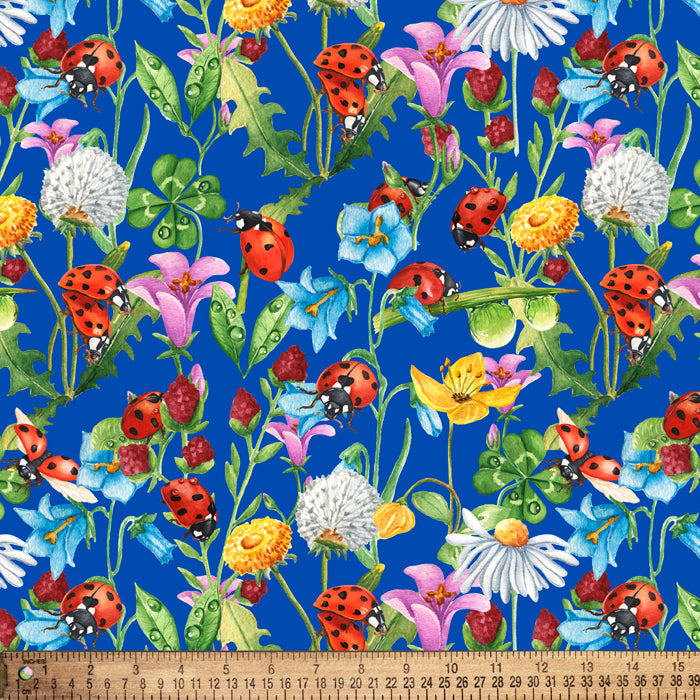 Ladybugs Clover Garden Blue Cotton Fabric
