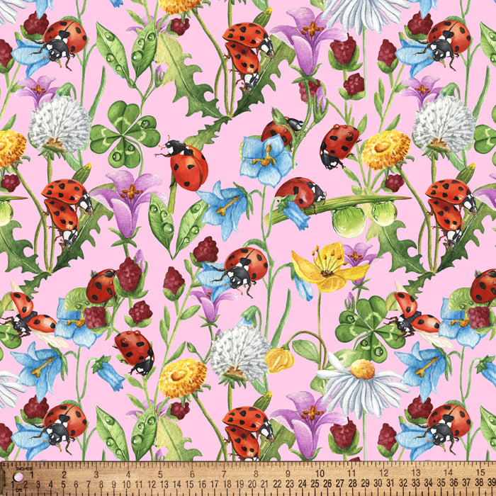 Ladybugs Clover Garden Pink Cotton Fabric