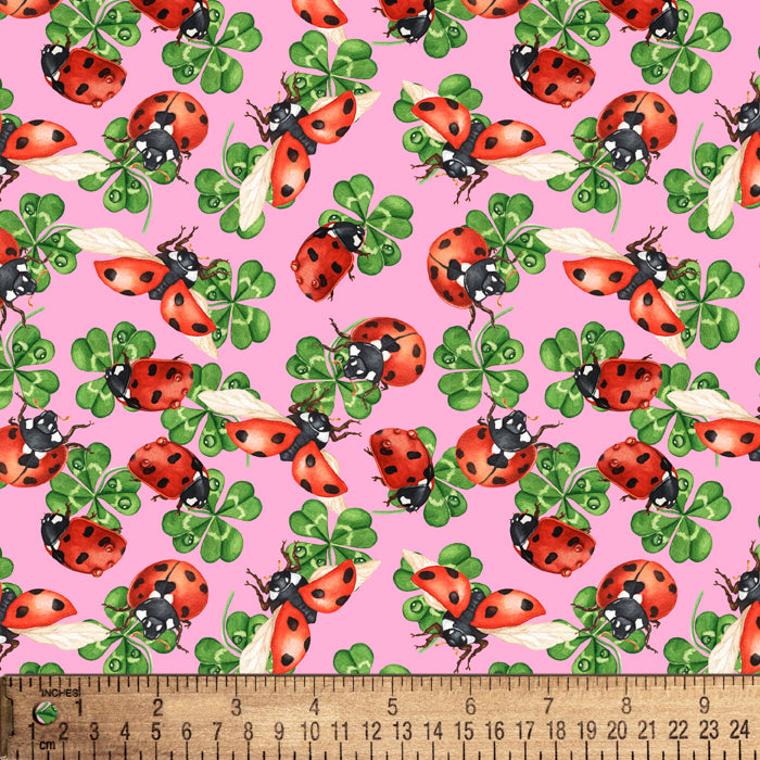 Ladybugs Lucky Clovers Pink Cotton Fabric