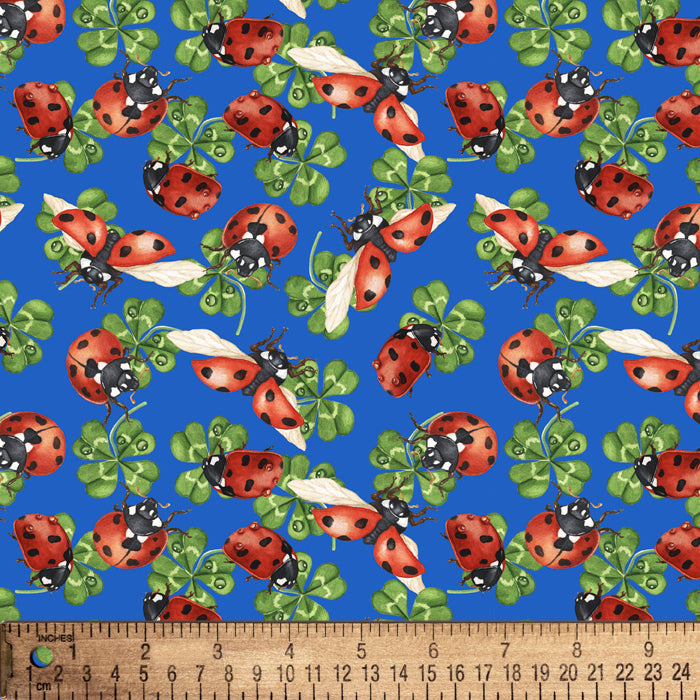 Ladybugs Lucky Clovers Blue Cotton Fabric