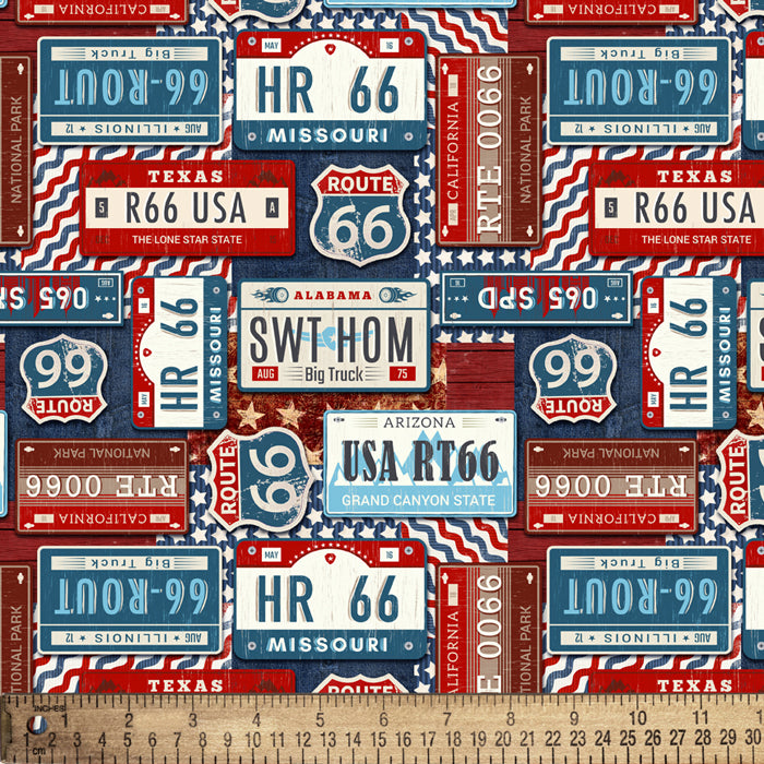 Cars License Plates Route 66 Digital Cotton Print Fabric