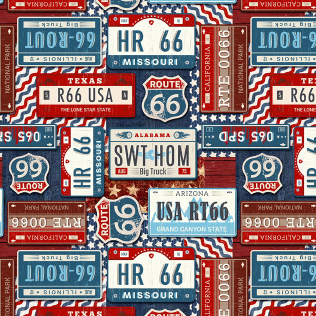 Cars License Plates Route 66 Digital Cotton Print Fabric