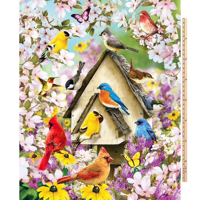 Birds Birdhouse Flowers Digital Cotton Print Fabric Panel