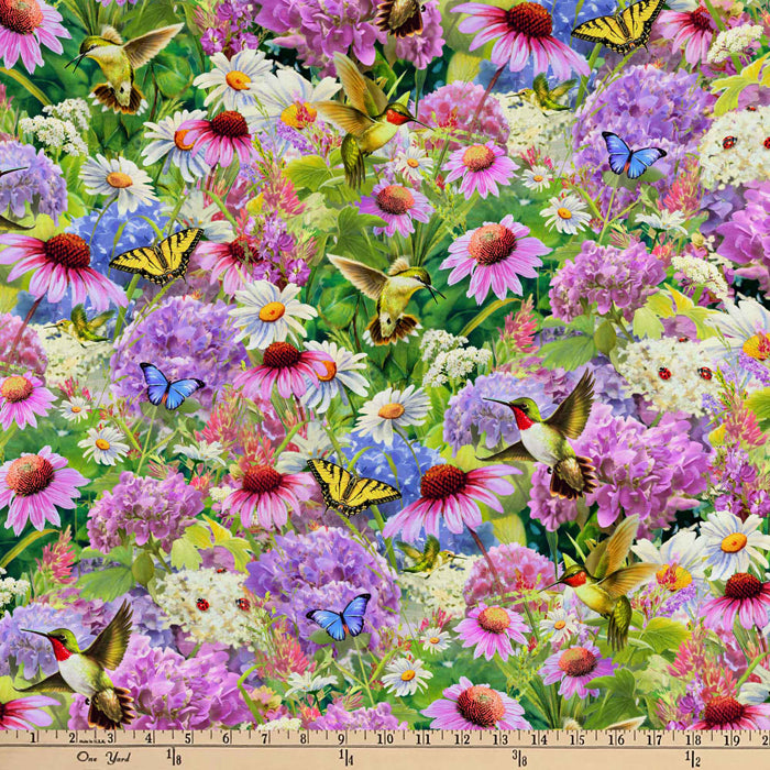 Hummingbird Butterfly Garden Digital Cotton Print Fabric