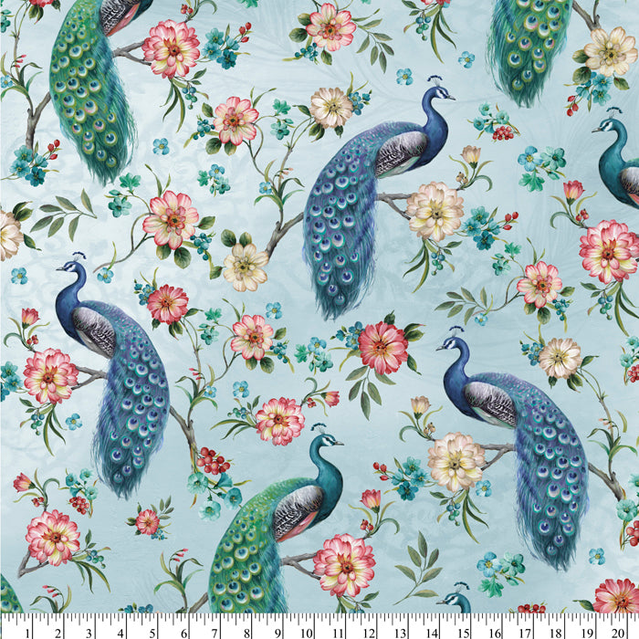 Floral Peacock Blue Cotton Fabric, 1-YARD PRECUTS