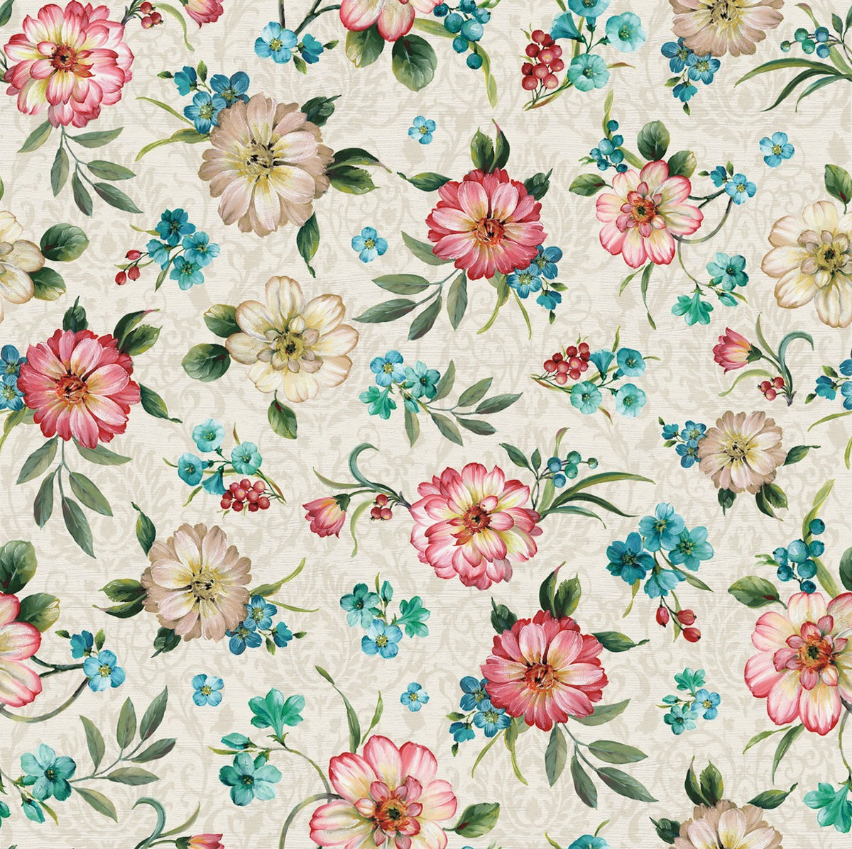 Peacock Florals Cotton Fabric, 1 Yard Precut