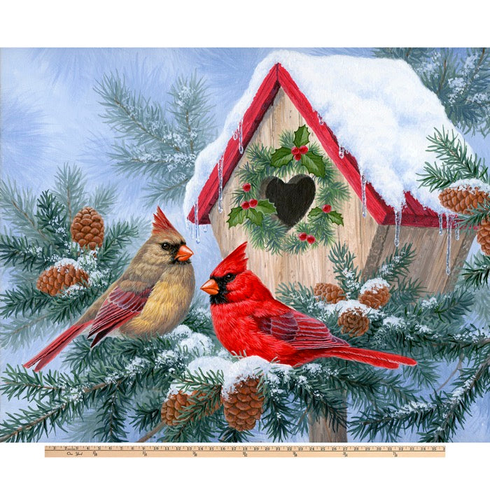 Wintertime Birdhouse Digital Cotton Print Fabric Panel