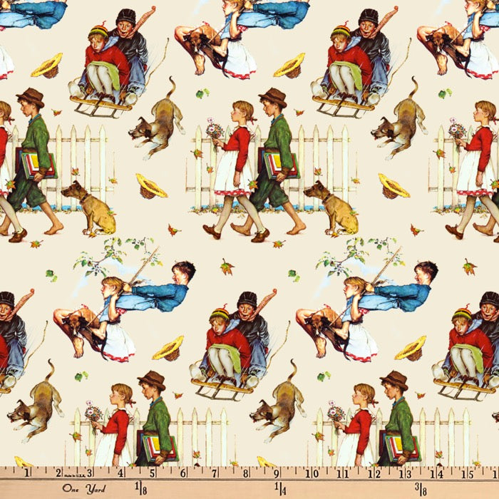 Girl Boy Dog Fun Norman Rockwell Licensed by David Textiles Digital Cotton Print Fabric