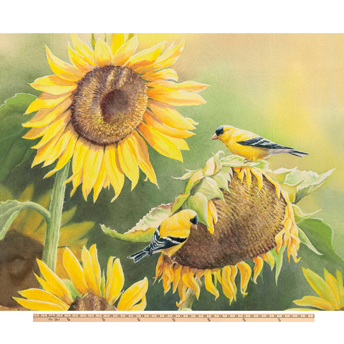Golden Sunflowers Finches Digital Cotton Print Fabric Panel