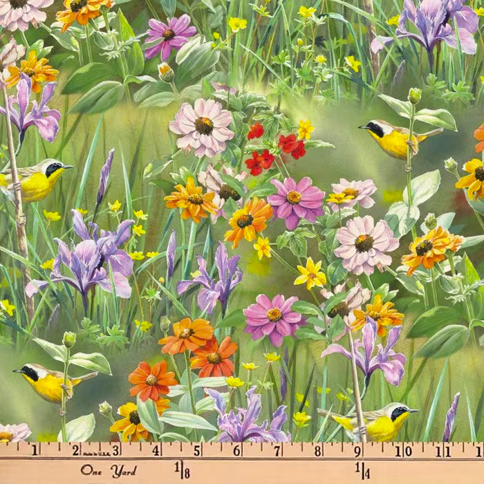 Birds Wildflowers Digital Cotton Print Fabric