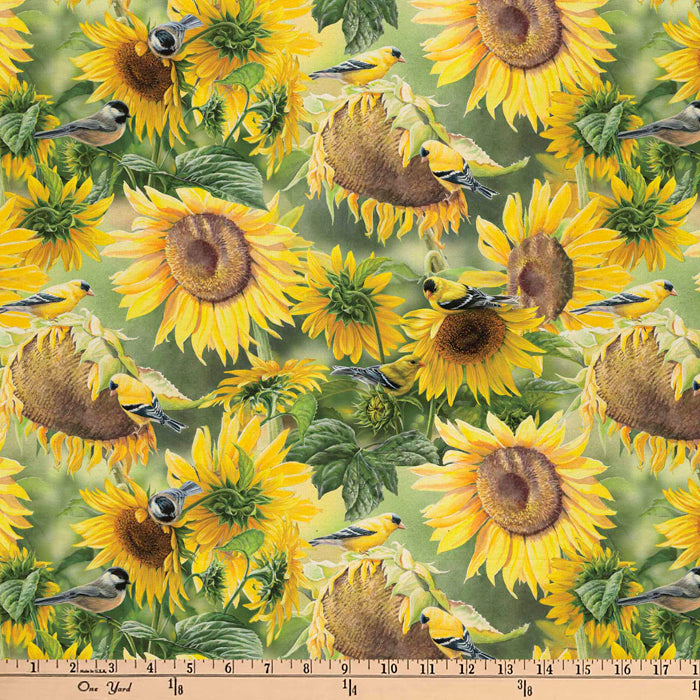 Birds Atop Sunflowers Digital Cotton Print Fabric By The Yard